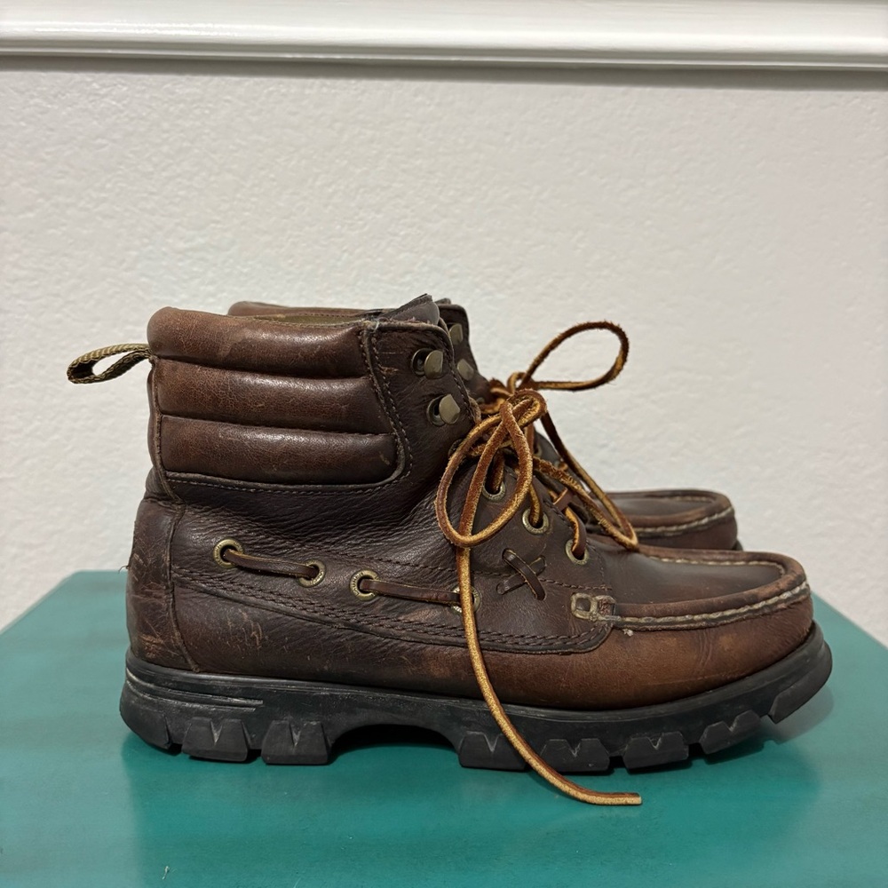 Ralph Lauren Women Ankle Boots Hiking Size 7 B Brown Leather Moc Toe W1001971